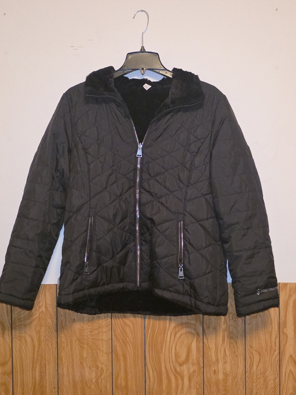 Free Country Black Quilted Puffer Jacket with Faux Fur Collar